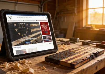 Website design for a Queen Creek-based custom woodworking business, showcasing handcrafted American flags and rustic decor.