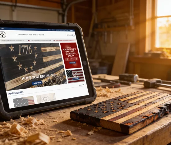 Website design for a Queen Creek-based custom woodworking business, showcasing handcrafted American flags and rustic decor.