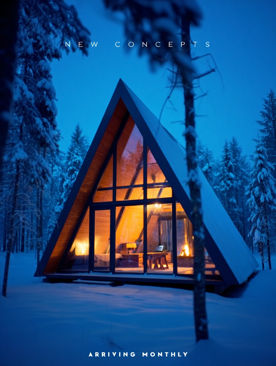 A cozy, glass-walled winter cabin workspace in the snow, representing the dream lifestyle of a successful creative business owner.