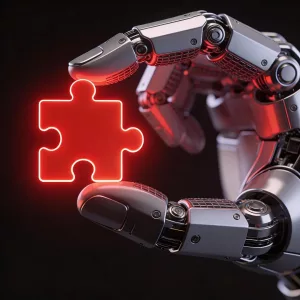 Robotic hand holding a red puzzle piece representing advanced add on for coding