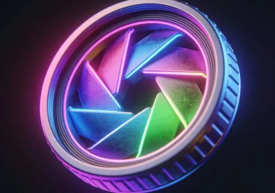 3D isometric icon of a glowing camera lens representing AI image generation services.