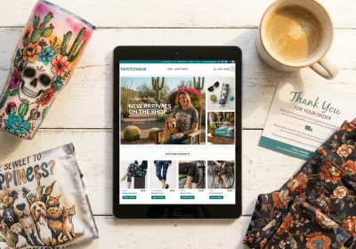 Custom WooCommerce website design for a handmade apparel and tumbler brand, displayed on a tablet amidst products.