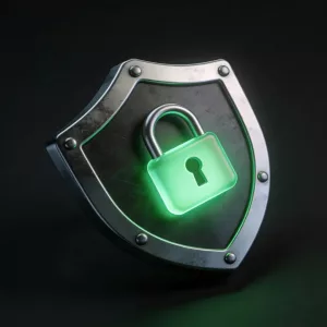3D isometric icon of a shield and padlock representing website security and maintenance.