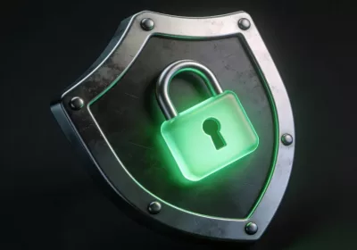 3D isometric icon of a shield and padlock representing website security and maintenance.