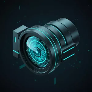 Cybernetic camera lens icon representing AI video marketing services.