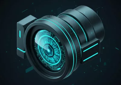 Cybernetic camera lens icon representing AI video marketing services.