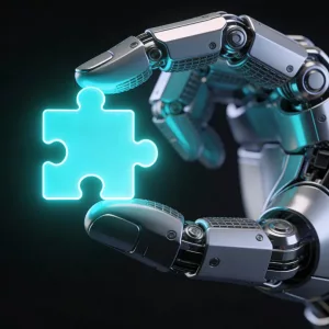 Robotic hand holding a puzzle piece representing custom website add-ons.
