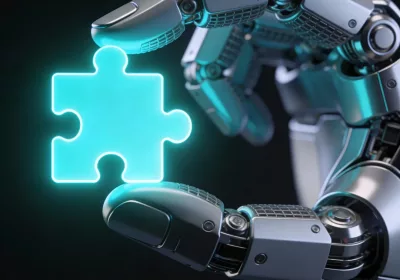 Robotic hand holding a puzzle piece representing custom website add-ons.