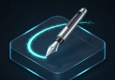 Metallic fountain pen icon representing brand identity and logo design.