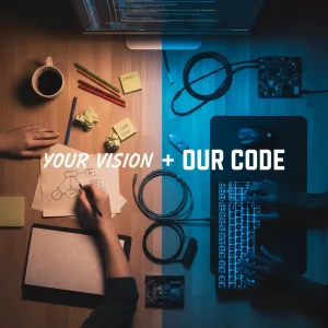 Top-down view of a client sketching ideas on paper and a developer coding on a backlit keyboard, symbolizing the collaborative design process.