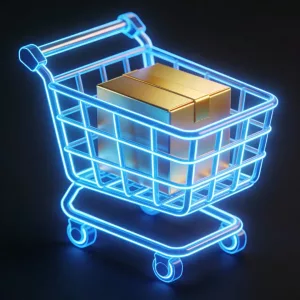 Neon shopping cart icon representing WooCommerce and online store development.