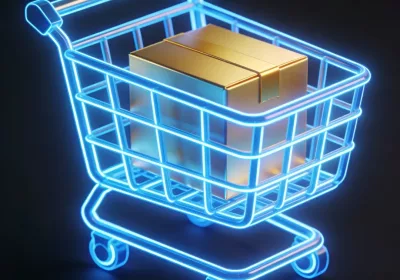 Neon shopping cart icon representing WooCommerce and online store development.