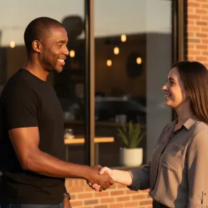 Two professionals shaking hands against an Arizona sunset, representing a successful partnership and project completion.